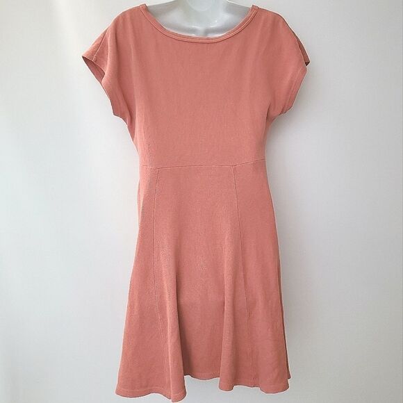 Vintage 90s Salmon Pink Ribbed Short Sleeve Skater Dress L - Picture 2 of 10